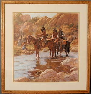 Howard Terpening limited edition print of America: Howard Terpening limited edition print of American Indians titled "Soldier Hat", pencil signed and numbered 785/1000, matted and mounted in a maple frame. 20.5"x19.25