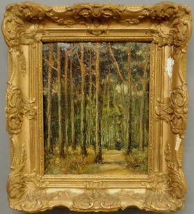 de Bock, Theophile [Dutch, 1851-1904] oil on canv: de Bock, Theophile [Dutch, 1851-1904] oil on canvas laid on panel landscape painting of a figure walking down a path in a forest, signed l.r. "Th de Bock". 12"x9