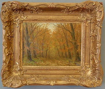 de Bock, Theophile [Dutch, 1851-1904] oil on canv: de Bock, Theophile [Dutch, 1851-1904] oil on canvas laid on panel autumn landscape painting of an old road in a forest, signed l.r. "Th de Bock". 6.5"x9