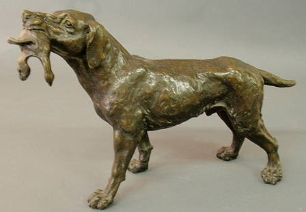 Bronze of a hunting dog with game, unsigned. 11.5: Bronze of a hunting dog with game, unsigned. 11.5"h.x18"l.x4"w.