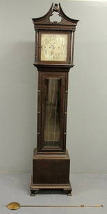 Chippendale style mahogany tall case clock, c.190: Chippendale style mahogany tall case clock, c.1900, with eight-day works, no weights. 90"h.x18.5"w.