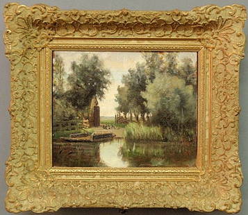 de Bock, Theophile [Dutch, 1851-1904] oil on canv: de Bock, Theophile [Dutch, 1851-1904] oil on canvas laid on panel painting of a pole barge at water's edge, signed l.r. "Th de Bock". 9"x11