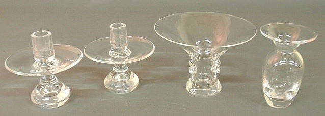Pair of Steuben glass candlesticks 5"h., Steuben: Pair of Steuben glass candlesticks 5"h., Steuben bowl 4.75"h.x7"dia., and an unmarked glass vase 5.5"h.
