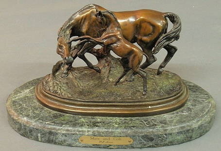 Bronze "Mare and Colt" (after) P.J. Mêne, mounted: Bronze "Mare and Colt" (after) P.J. Mêne, mounted on an oval green granite base. 7"h, base 13"x7