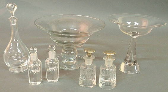 Baccarat crystal decanter 9"h., pair of Orrefors: Baccarat crystal decanter 9"h., pair of Orrefors glass perfume bottles 4"h. and two other bottles with silver stoppers 4"h.