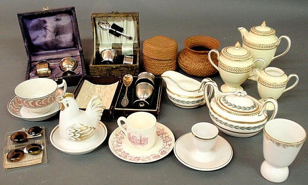 Misc. grouping- Wedgwood bone china breakfast set: Misc. grouping- Wedgwood bone china breakfast set, creamer & sugar, Queensware demitasse cup & saucer, lusterware, 2 Tarahumara Indian pine needle baskets, 3 cased christening sets- one marked coin si