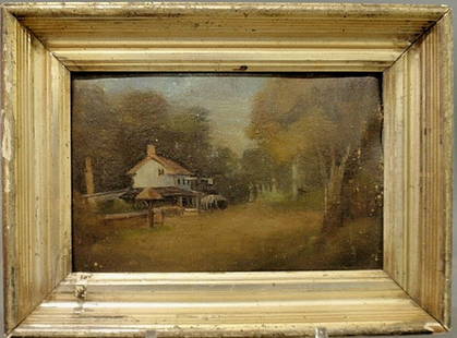 Small American oil on canvas landscape painting w: Small American oil on canvas landscape painting with a tavern by a road, 19th c., unsigned. 5"x8