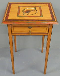 Yellow painted one-drawer stand, 20th c., with hu: Yellow painted one-drawer stand, 20th c., with hunting horn and saddle decoration. 27.25"h., top 17.5"x15.5