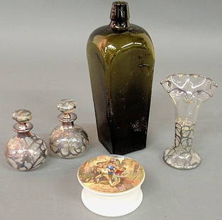 Two silver overlay bottles 4.5"h., vase 6.25"h.,: Two silver overlay bottles 4.5"h., vase 6.25"h., decorated porcelain cheese box and a green bottle 11.5"h.