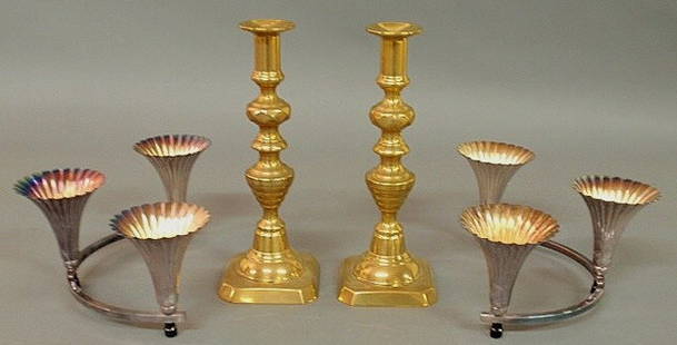 Pair of Victorian brass beehive candlesticks 11"h: Pair of Victorian brass beehive candlesticks 11"h. and a Sheffield Company silverplate two-part flower holder centerpiece each section 4.5"hx12.5"w.