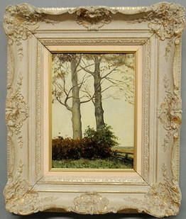 de Bock, Theophile [Dutch, 1851-1904] oil on canv: de Bock, Theophile [Dutch, 1851-1904] oil on canvas laid on panel painting of two trees at the edge of a post and rail fenced field, signed l.r. "Th de Bock". 14"x9.75