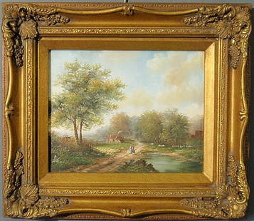Oil on panel English country landscape painting,: Oil on panel English country landscape painting, 20th c., unsigned. 7.5"x9.5