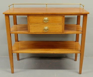 Hepplewhite style mahogany side server with a bra: Hepplewhite style mahogany side server with a brass galleried top. 40"h.x44"w.x18.75"d.