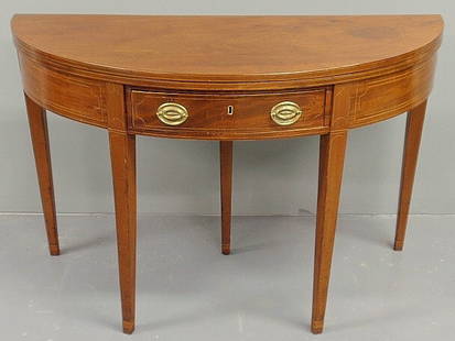 Large demilune gaming table, c.1790, with double: Large demilune gaming table, c.1790, with double kick-out rear legs and single drawer. 29"h.x45"w.x19.25"d.