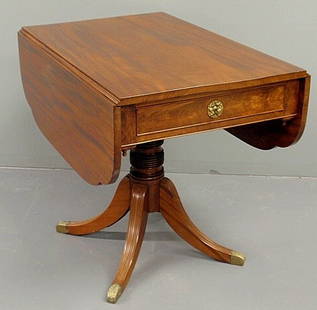 American mahogany drop-leaf table, c.1830, with a: American mahogany drop-leaf table, c.1830, with a ring turned pedestal and reeded down-swept legs with brass tips. 29.75"h.x23.75"w.x36"d.
