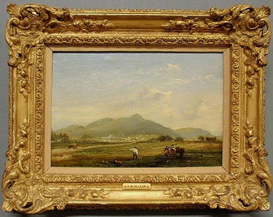 Oil on panel painting of farmers cutting hay and: Oil on panel painting of farmers cutting hay and with horses and carts, 19th c., with a plaque and notation verso by F.W. McLean. 7"x10.5