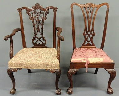 Chippendale style mahogany armchair 41"h.x28"w.x2: Chippendale style mahogany armchair 41"h.x28"w.x20"d., seat 18"h., and a side chair 40"h.x21"w.x17"d., seat 18"h.