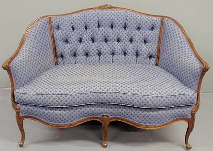 Louis XVI style love seat with blue upholstery. 3: Louis XVI style love seat with blue upholstery. 34"h.x51.5"w.x29"d., seat 18"h.