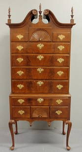 New England Queen Anne style mahogany broken arch: New England Queen Anne style mahogany broken arch highboy with fan carved upper and lower center drawers. 76"h.x30"w.x19"d.