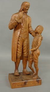 German carved pine figure of a man with a boy tit: German carved pine figure of a man with a boy titled "Heinrich Pestalozzi", Johann Heinrich Pestalozzi, the early 19th c. Swiss educational reformer. 31"h., base 11.5"x8