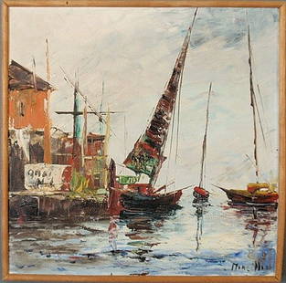 Oil on canvas painting of moored sailboats, signe: Oil on canvas painting of moored sailboats, signed l.r. "Moreillon" and titled verso "Port de St. Malo". 15.5"x15.5