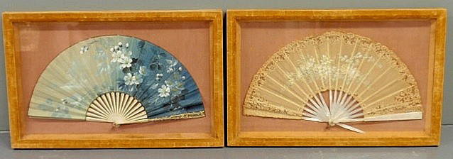 Pair of shadow boxed Victorian fans, one with mot: Pair of shadow boxed Victorian fans, one with mother-of-pearl ribs. Framed size 20"x31