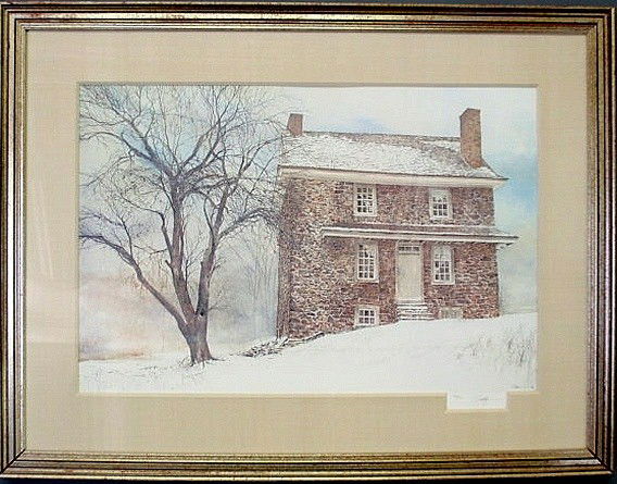 Peter Sculthorpe limited edition print of a Chest: Peter Sculthorpe limited edition print of a Chester County, PA pointed stone farmhouse, pencil signed "P. Sculthorpe" and 163/500, framed and matted. 20"x29.5