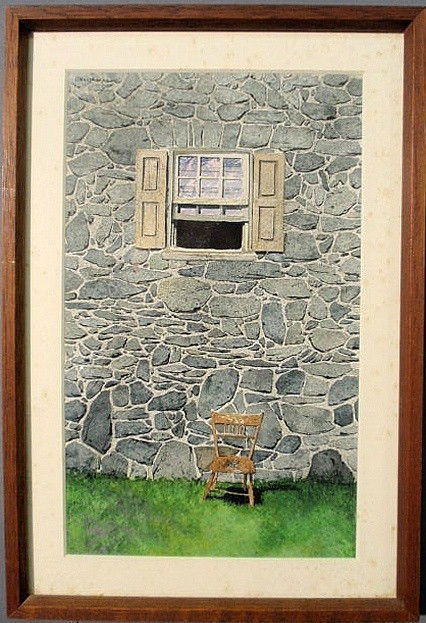 Sculthorpe, Peter [American, 1948-] watercolor pa: Sculthorpe, Peter [American, 1948-] watercolor painting of a Windsor side chair under the window of a stone house signed u.l. "P. Sculthorpe" and on studio label verso titled "The Deacon's Chair" and