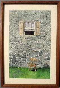 Sculthorpe, Peter [American, 1948-] watercolor pa: Sculthorpe, Peter [American, 1948-] watercolor painting of a Windsor side chair under the window of a stone house signed u.l. "P. Sculthorpe" and on studio label verso titled "The Deacon's Chair" and