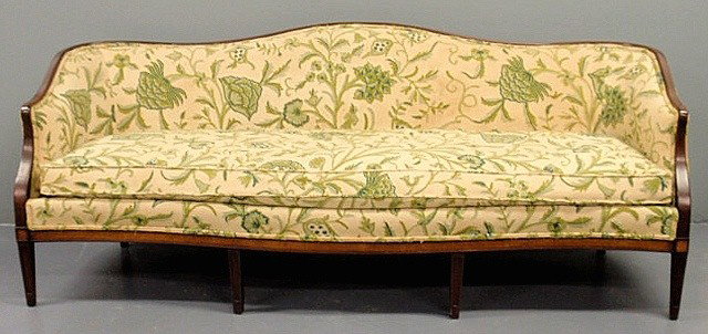 Hepplewhite style mahogany sofa with green floral: Hepplewhite style mahogany sofa with green floral upholstery. 33"h.x84"w.x33"d., seat 19"h.