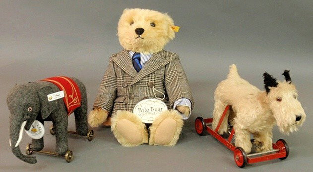 Early Steiff mohair dog pull toy (no button or ta: Early Steiff mohair dog pull toy (no button or tag) 9"h.x10"l., a Steiff elephant 8"h.x11" and a Ralph Lauren Polo bear 16"h.