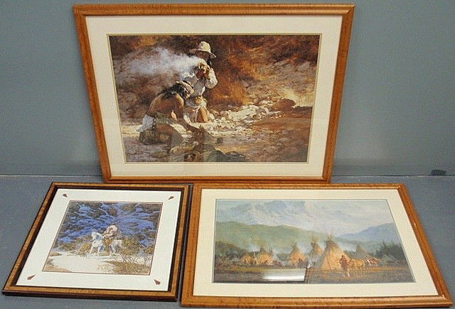 Two large framed and matted American Indian print: Two large framed and matted American Indian prints by Howard Herpning 1985: 23"x31" & 18"x29" and another print of an Indian chief by Bev Doolittle 15.5"x16"