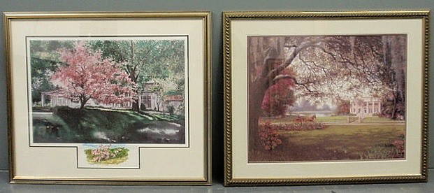 Framed and matted limited edition print of a spri: Framed and matted limited edition print of a spring flowering tree and house pencil signed "P. Scarborough(?) 34/50" 19"x28" and a print of a plantation house by R.C. Carter 22"x27"