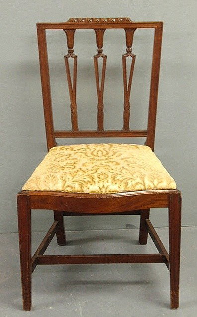 Hepplewhite style mahogany side chair, c.1880, wi: Hepplewhite style mahogany side chair, c.1880, with carved splat, slip seat and tapered legs. 36"h.x21"w.x18"d., seat 18.5"h.