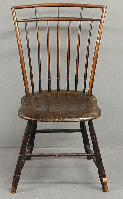 Birdcage bamboo turned Windsor chair, c.1810, wit: Birdcage bamboo turned Windsor chair, c.1810, with a saddle seat and original paint decoration. 35"h.x20"w.x15.5"d., seat 17"h.