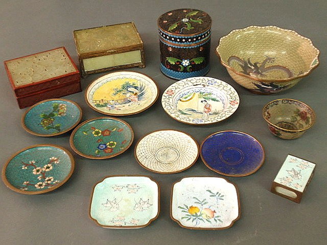 Two Asian jade type carved boxes (damages) and gr: Two Asian jade type carved boxes (damages) and group of cloisonné tableware- bowl 2.5"h.x7"dia., canister 3.75"h., none small dishes, etc., 19th/20thc.