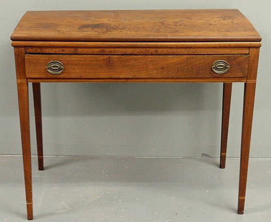 Lancaster Co., Penna. Hepplewhite inlaid cherry g: Lancaster Co., Penna. Hepplewhite inlaid cherry gaming table, c.1790, with a single drawer, square tapered legs and banded cuffs. 30"h.x35"w.x16.5"d.