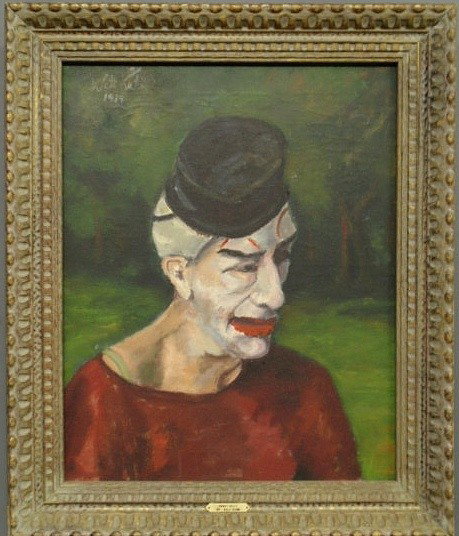 Oil on canvas portrait of a clown wearing a beave: Oil on canvas portrait of a clown wearing a beaver hat, signed u.l. "Walt Kuhn 1939" (in the manner of). 19"x15.25