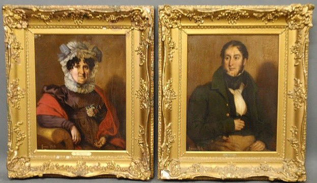 Pair of oil on board portraits of Mr. & Mrs. Carr: Pair of oil on board portraits of Mr. & Mrs. Carr, each signed l.l. "James Peale" (in the manner of). 18"x14" each