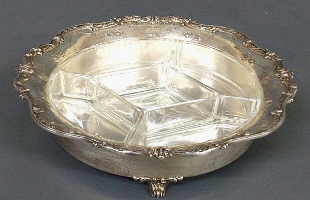 Sterling silver wedding condiment bowl with glass: Sterling silver wedding condiment bowl with glass sectional insert, 1913, of Helene Marie Schmidt, heir to the Schmidt's Brewery family, Philadelphia, and Baron Carl Czoernig-von Czernhausen, by Baile