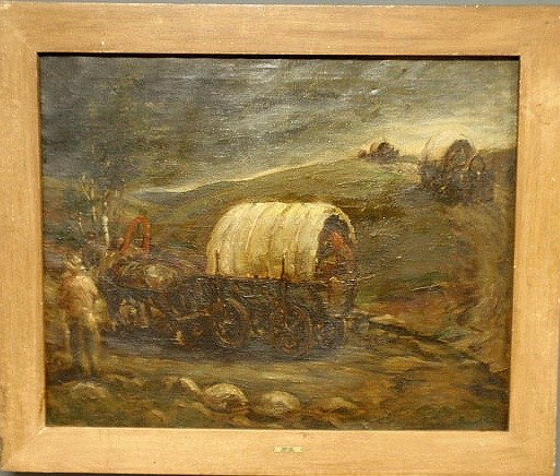 Oil on canvas painting of a wagon train signed l.: Oil on canvas painting of a wagon train signed l.r. "Samuel Coleman" (in the manner of). 23.5"x29.5"