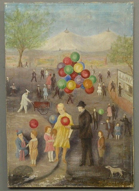 Oil on canvas painting of people at a carnival wi: Oil on canvas painting of people at a carnival with colorful balloons, signed/inscribed l.r. indistinctly and signed/inscribed verso "To W. Glackins- John Sloan '25"(?), unframed. 32"x22