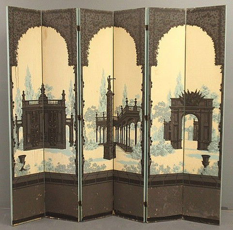 Printed six-panel dressing screen, 20th c. As fou