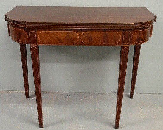Mid-Atlantic Hepplewhite inlaid mahogany flip-top: Mid-Atlantic Hepplewhite inlaid mahogany flip-top gaming table, c.1790, provenance H.L. Chalfant Antiques, West Chester, PA. 29.5"h.x36"w.x17.75"d.