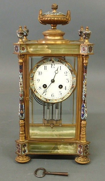 French brass and green onyx mantel clock with clo: French brass and green onyx mantel clock with cloisonné decoration, beveled glass and mercury pendulum. 15"h.x7.5"w.x6"d.