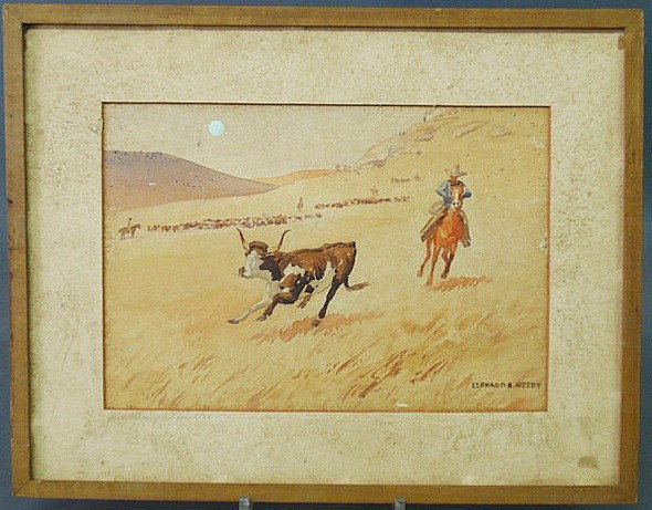 Reedy, Leonard Howard [American, 1899-1956] water: Reedy, Leonard Howard [American, 1899-1956] watercolor painting of a cowboy roping a running steer, signed l.r. "Leonard H. Reedy" and titled l.l. "The Bunch Quitter". 8"x11.5