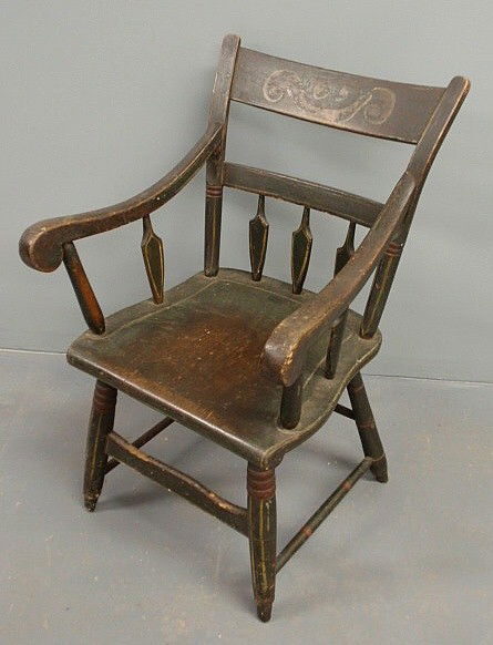 Arrow-back armchair, c.1830, with original green: Arrow-back armchair, c.1830, with original green paint decoration and pin striping and signed "S.H. Lenhart", probably Pennsylvania. 33"h.x21"w.x17"d., seat 16.5"h.