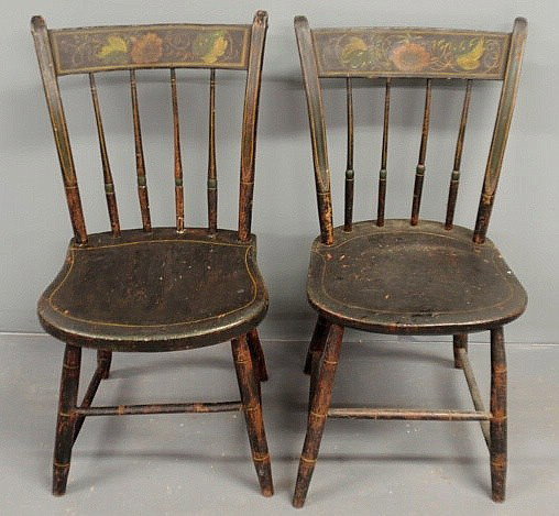 Two similar bamboo turned Windsor side chairs, c.: Two similar bamboo turned Windsor side chairs, c.1830, with original paint and floral decoration. 31.5"h.x16"w.x15.5"d., seats 16"h.
