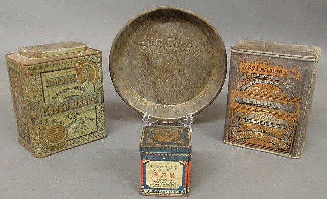 Three tin candy, cough drop and tea tins largest : Three tin candy, cough drop and tea tins largest 7.5"h. and a tin pie plate "Wassell's