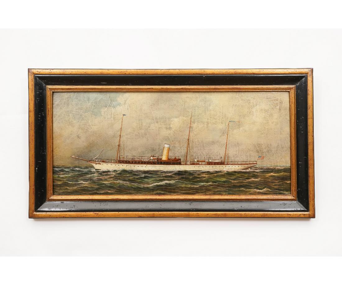 GICLEE OF A STEAM YACHT: Giclee of a steam yacht with a single smoke stack, made to look antique. 15.5" x 35.5" ss / 22" x 42" oa